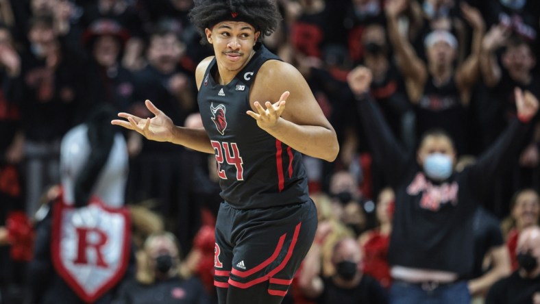 Feb 16, 2022; Piscataway, New Jersey, USA; Rutgers Scarlet Knights guard Aiden Terry (25) reacts after making a three point basket against the Illinois Fighting Illini during the first half at Jersey Mike's Arena. Mandatory Credit: Vincent Carchietta-USA TODAY Sports