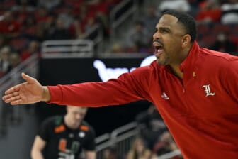 Feb 16, 2022; Louisville, Kentucky, USA; Louisville Cardinals interim head coach Mike Pegues reacts during the second half against the Miami (FL) Hurricanes at KFC Yum! Center. Mandatory Credit: Jamie Rhodes-USA TODAY Sports