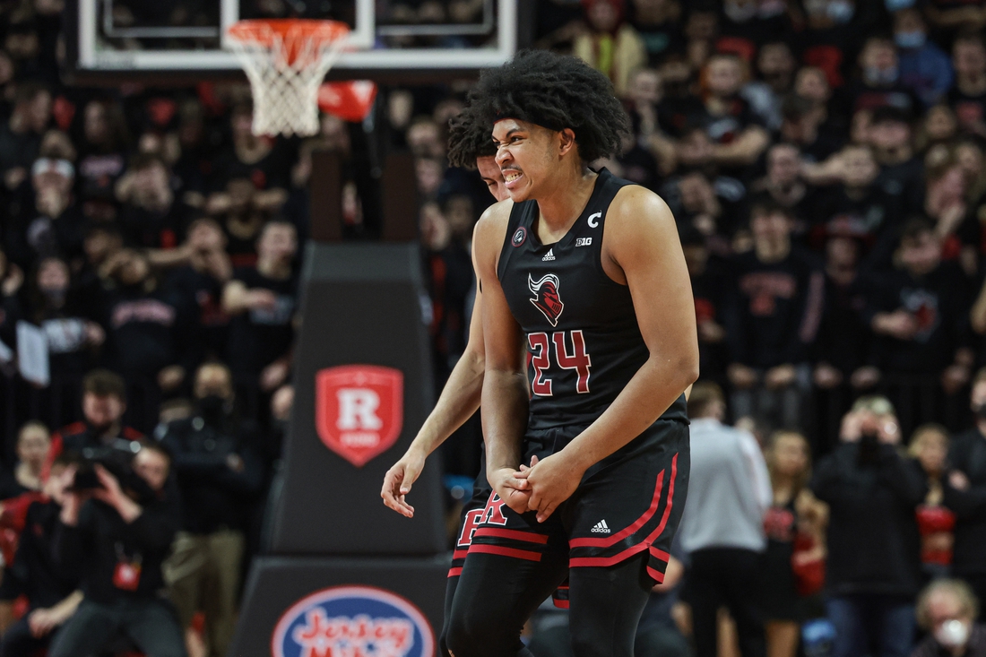 Feb 16, 2022; Piscataway, New Jersey, USA; Rutgers Scarlet Knights forward Ron Harper Jr. (24) reacts after an injury during the second half against the Illinois Fighting Illini at Jersey Mike's Arena. Mandatory Credit: Vincent Carchietta-USA TODAY Sports