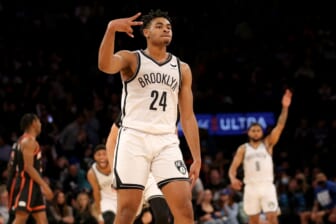 Feb 16, 2022; New York, New York, USA; Brooklyn Nets guard Cam Thomas (24) celebrates a three point shot against the New York Knicks during the fourth quarter at Madison Square Garden. Mandatory Credit: Brad Penner-USA TODAY Sports