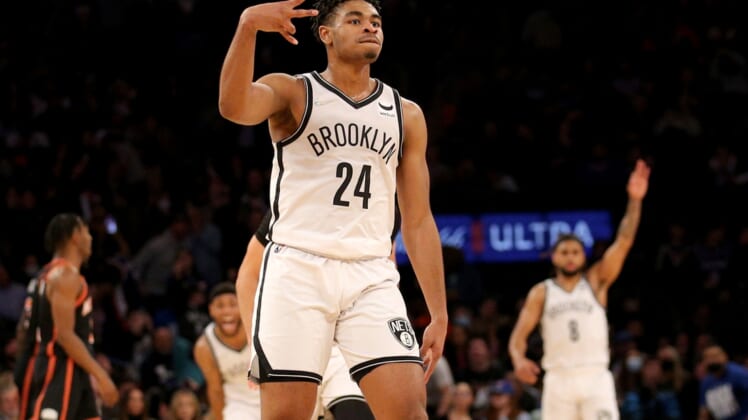 Feb 16, 2022; New York, New York, USA; Brooklyn Nets guard Cam Thomas (24) celebrates a three point shot against the New York Knicks during the fourth quarter at Madison Square Garden. Mandatory Credit: Brad Penner-USA TODAY Sports