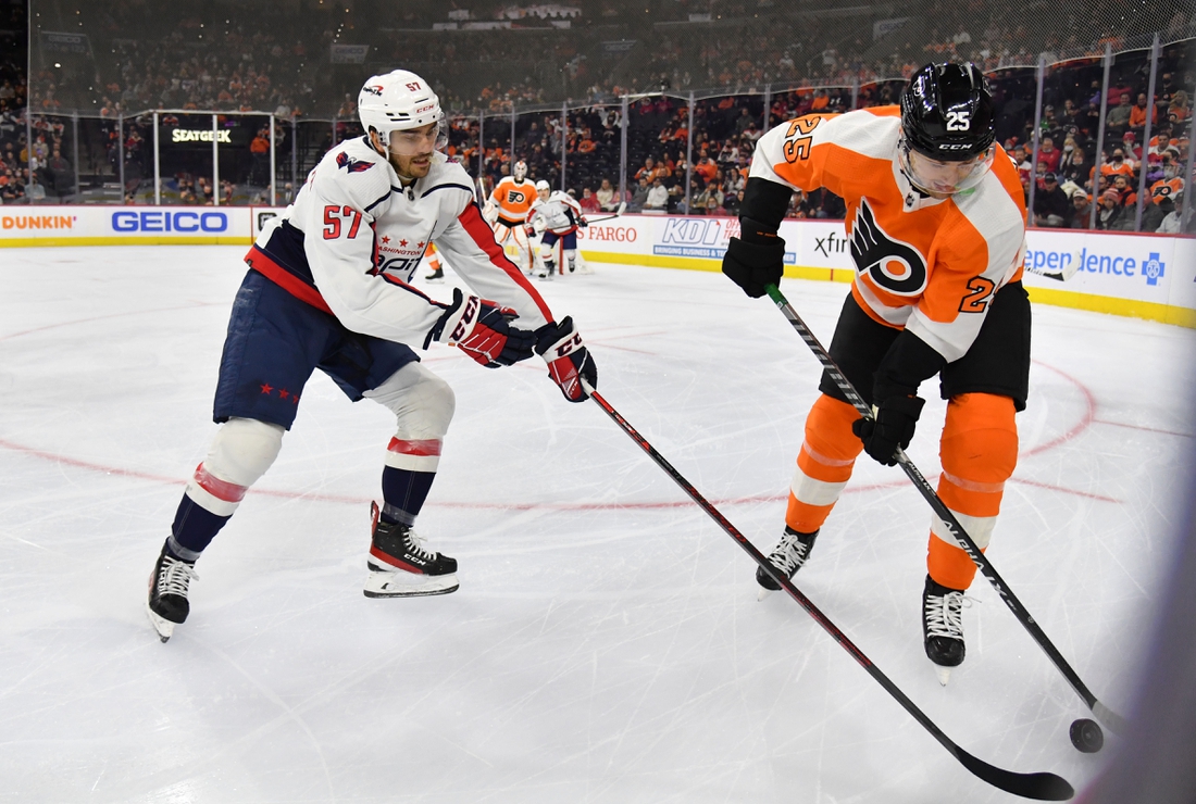 Feb 17, 2022; Philadelphia, Pennsylvania, USA; Washington Capitals defenseman Trevor van Riemsdyk (57) and Philadelphia Flyers left wing James van Riemsdyk (25) battle for the puck during the first period at Wells Fargo Center. Mandatory Credit: Eric Hartline-USA TODAY Sports