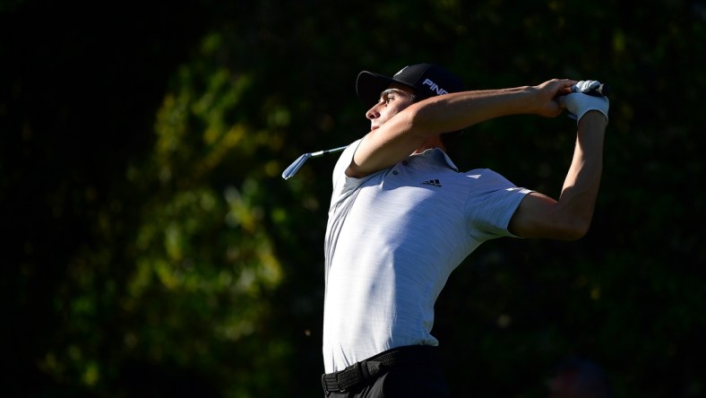 Feb 17, 2022; Pacific Palisades, California, USA; Joaquin Niemann hits from the fifth tee during the first round of the Genesis Invitational golf tournament. Mandatory Credit: Gary A. Vasquez-USA TODAY Sports