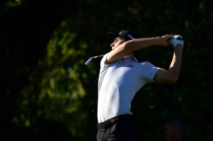 Feb 17, 2022; Pacific Palisades, California, USA; Joaquin Niemann hits from the fifth tee during the first round of the Genesis Invitational golf tournament. Mandatory Credit: Gary A. Vasquez-USA TODAY Sports