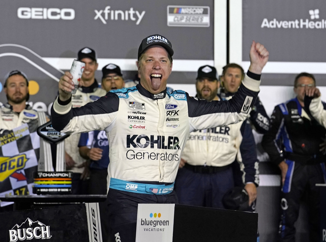 Feb 17, 2022; Daytona, FL, USA; NASCAR Cup Series driver Brad Keselowski (6) reacts after winning the Bluegreen Vacations Duel 1 at Daytona International Speedway. Mandatory Credit: Mike Dinovo-USA TODAY Sports