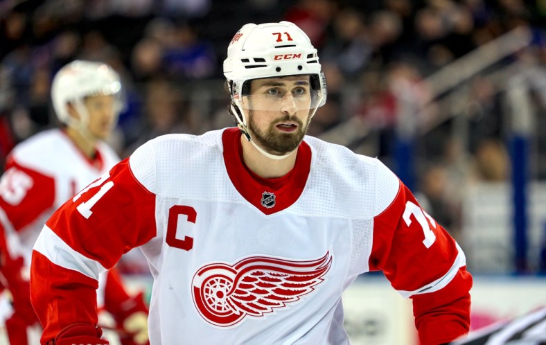 Feb 17, 2022; New York, New York, USA; Detroit Red Wings center Dylan Larkin (71) during the third period against the New York Rangers at Madison Square Garden. Mandatory Credit: Danny Wild-USA TODAY Sports