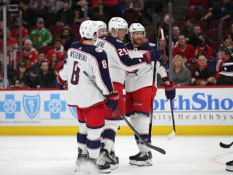 Feb 17, 2022; Chicago, Illinois, USA; Columbus Blue Jackets left wing Patrik Laine (29) is congratulated for scoring a goal during the third period against the Chicago Blackhawks at the United Center. Mandatory Credit: Dennis Wierzbicki-USA TODAY Sports