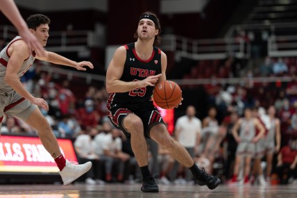Feb 17, 2022; Stanford, California, USA; Utah Utes guard Rollie Worster (25) prepares to shoot the ball during the second half against the Stanford Cardinal at Maples Pavilion. Mandatory Credit: Stan Szeto-USA TODAY Sports