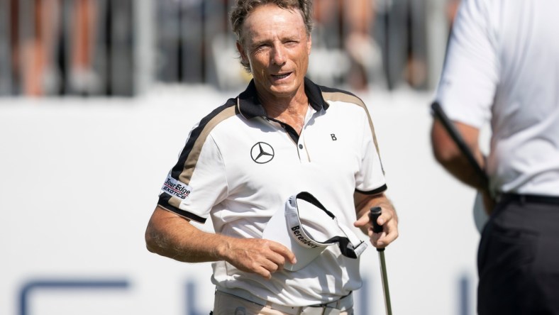 Bernhard Langer (GER) reacts after finishing the first round of the Chubb Classic, Friday, Feb. 18, 2022, at Tibur  n Golf Club at The Ritz-Carlton Golf Resort in Naples, Fla.Langer finished the round -8.

Chubb Classic first round, Feb. 18, 2022