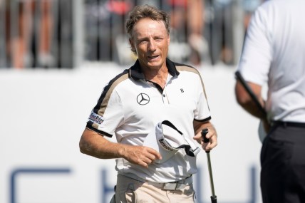Bernhard Langer (GER) reacts after finishing the first round of the Chubb Classic, Friday, Feb. 18, 2022, at Tibur  n Golf Club at The Ritz-Carlton Golf Resort in Naples, Fla.Langer finished the round -8.

Chubb Classic first round, Feb. 18, 2022