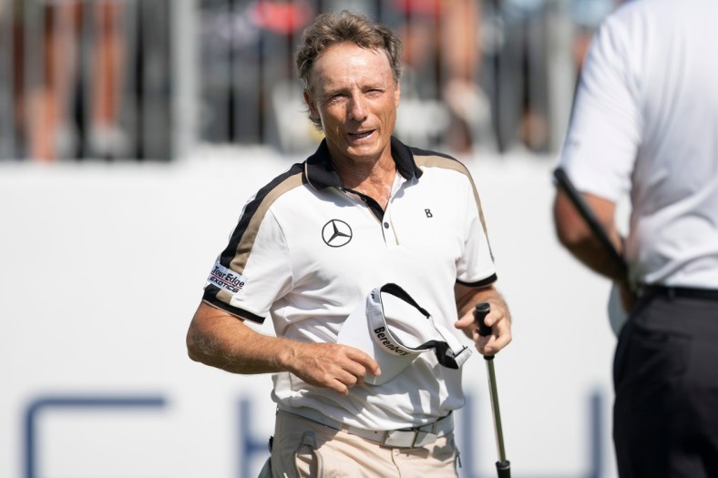 Bernhard Langer (GER) reacts after finishing the first round of the Chubb Classic, Friday, Feb. 18, 2022, at Tibur  n Golf Club at The Ritz-Carlton Golf Resort in Naples, Fla.Langer finished the round -8.

Chubb Classic first round, Feb. 18, 2022