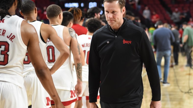 Feb 18, 2022; Lincoln, Nebraska, USA; Nebraska Cornhuskers head coach Fred Hoiberg (right) walks off the court after the loss against the Maryland Terrapins at Pinnacle Bank Arena. Mandatory Credit: Steven Branscombe-USA TODAY Sports