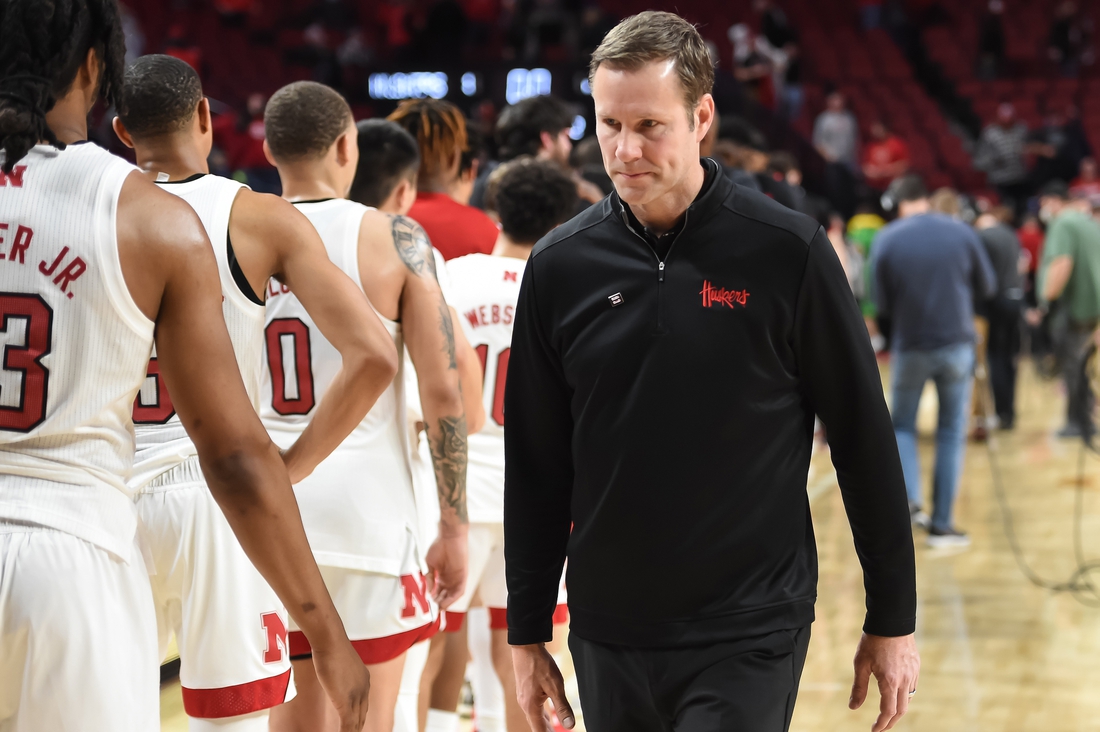 Feb 18, 2022; Lincoln, Nebraska, USA; Nebraska Cornhuskers head coach Fred Hoiberg (right) walks off the court after the loss against the Maryland Terrapins at Pinnacle Bank Arena. Mandatory Credit: Steven Branscombe-USA TODAY Sports