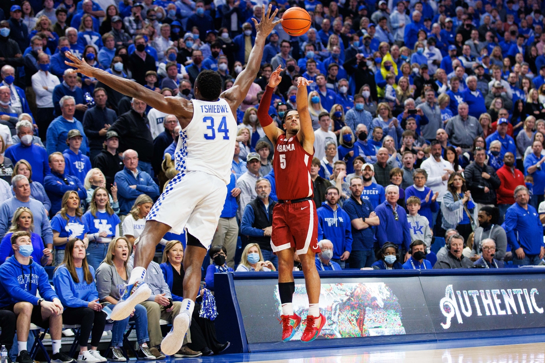 Feb 19, 2022; Lexington, Kentucky, USA; Alabama Crimson Tide guard Jaden Shackelford (5) shoots the ball during the first half against the Kentucky Wildcats at Rupp Arena at Central Bank Center. Mandatory Credit: Jordan Prather-USA TODAY Sports