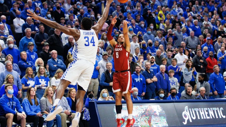 Feb 19, 2022; Lexington, Kentucky, USA; Alabama Crimson Tide guard Jaden Shackelford (5) shoots the ball during the first half against the Kentucky Wildcats at Rupp Arena at Central Bank Center. Mandatory Credit: Jordan Prather-USA TODAY Sports