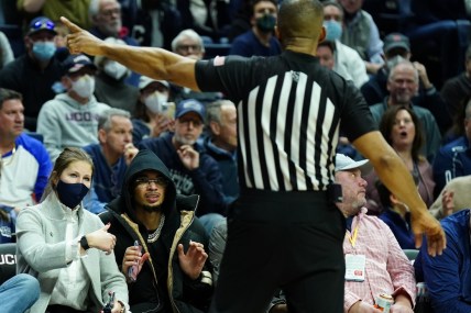 Feb 19, 2022; Storrs, Connecticut, USA; Charlotte Hornets guard and former Connecticut Huskies player James Bouknight is removed from the game by an official in the second quarter against the Xavier Musketeers at Harry A. Gampel Pavilion. Mandatory Credit: David Butler II-USA TODAY Sports