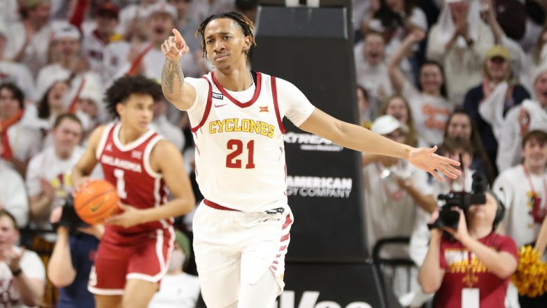 Feb 19, 2022; Ames, Iowa, USA; Iowa State Cyclones guard Jaden Walker (21) celebrates against the Oklahoma Sooners at James H. Hilton Coliseum. Mandatory Credit: Reese Strickland-USA TODAY Sports