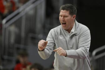 Feb 19, 2022; Louisville, Kentucky, USA; Clemson Tigers head coach Brad Brownell reacts during the second half against the Louisville Cardinals at KFC Yum! Center. Louisville defeated Clemson 70-61. Mandatory Credit: Jamie Rhodes-USA TODAY Sports