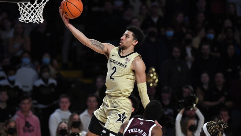 Feb 19, 2022; Nashville, Tennessee, USA; Vanderbilt Commodores guard Scotty Pippen Jr. (2) scores against the Texas A&M Aggies during the first half at Memorial Gymnasium. Mandatory Credit: Christopher Hanewinckel-USA TODAY Sports