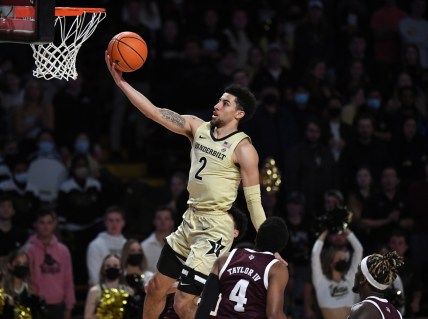 Feb 19, 2022; Nashville, Tennessee, USA; Vanderbilt Commodores guard Scotty Pippen Jr. (2) scores against the Texas A&M Aggies during the first half at Memorial Gymnasium. Mandatory Credit: Christopher Hanewinckel-USA TODAY Sports