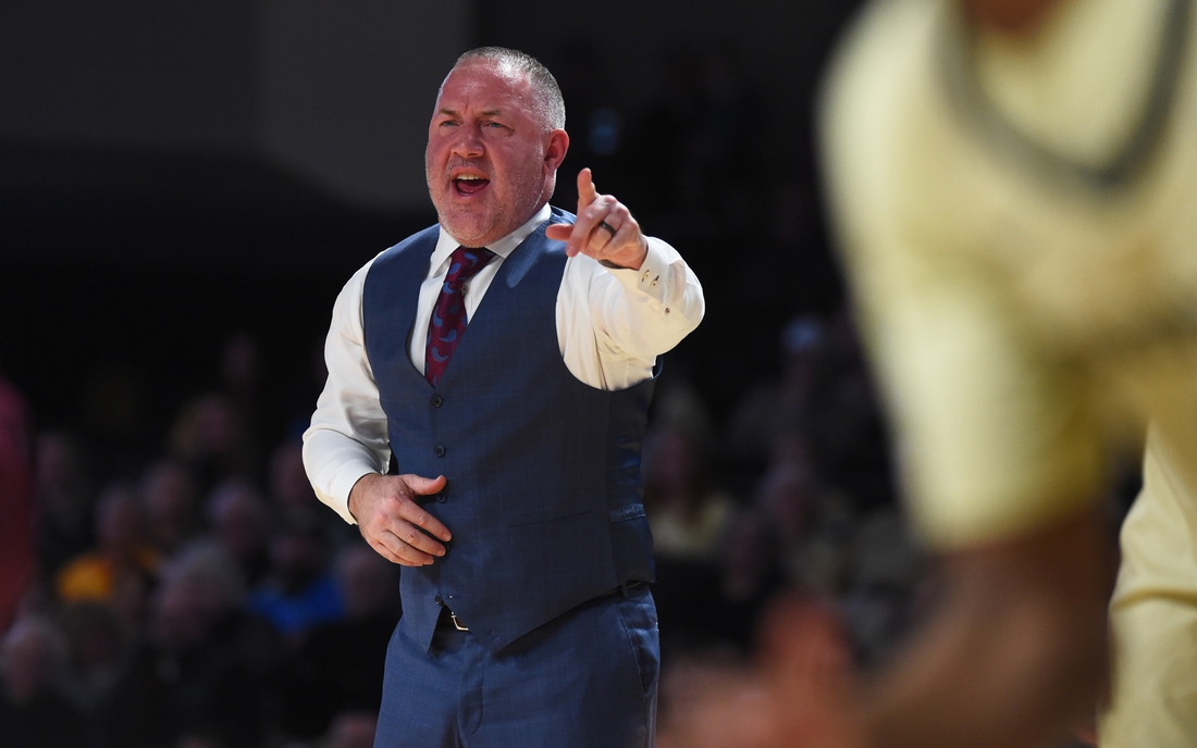 Feb 19, 2022; Nashville, Tennessee, USA; Texas A&M Aggies head coach Buzz Williams yells from the sideline during the first half against the Vanderbilt Commodores at Memorial Gymnasium. Mandatory Credit: Christopher Hanewinckel-USA TODAY Sports