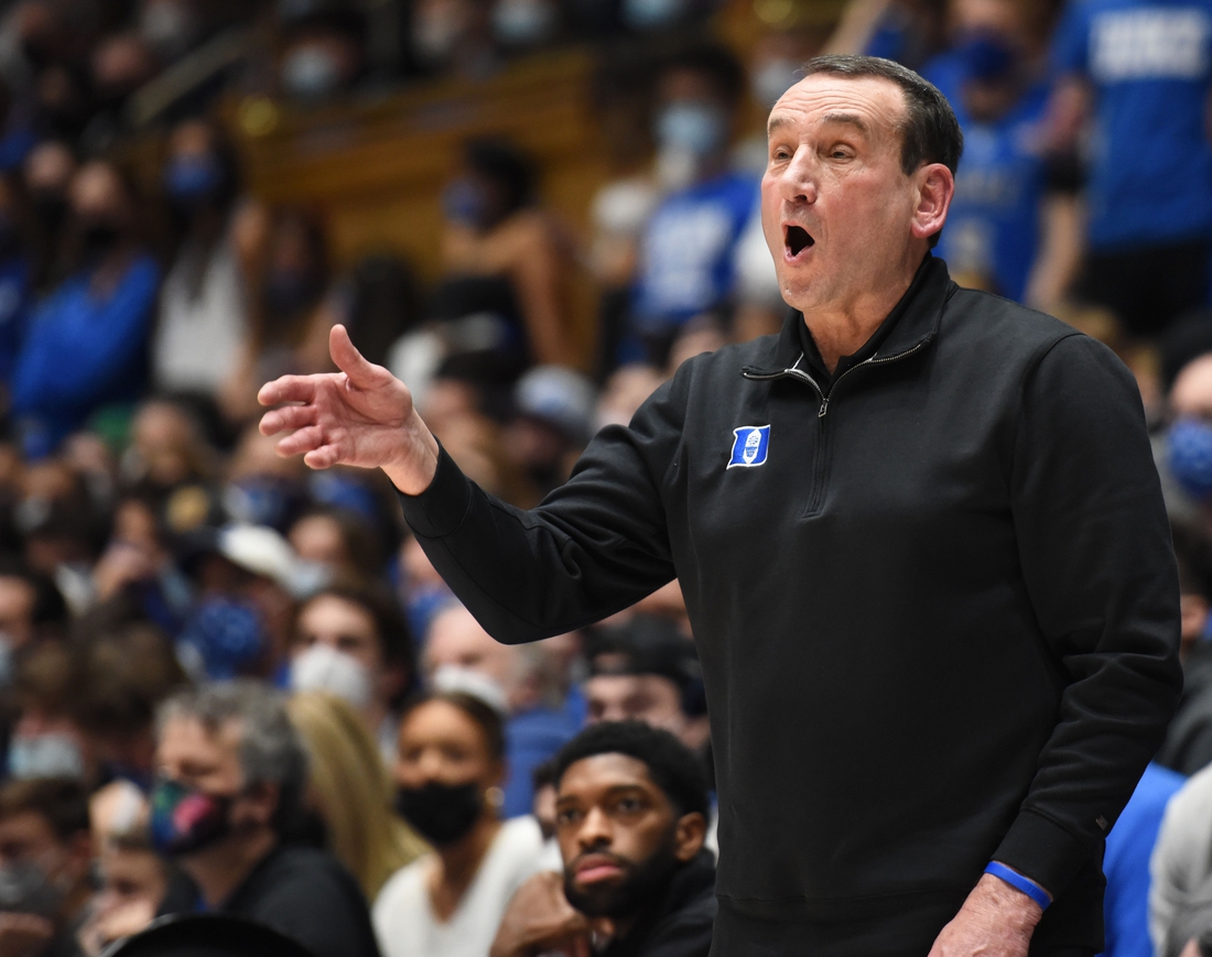 Feb 19, 2022; Durham, North Carolina, USA; Duke Blue Devils head coach Mike Krzyzewski directs his team during the second half against the Florida State Seminoles at Cameron Indoor Stadium. Mandatory Credit: Rob Kinnan-USA TODAY Sports