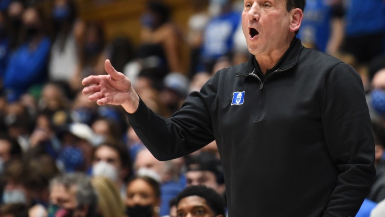 Feb 19, 2022; Durham, North Carolina, USA; Duke Blue Devils head coach Mike Krzyzewski directs his team during the second half against the Florida State Seminoles at Cameron Indoor Stadium. Mandatory Credit: Rob Kinnan-USA TODAY Sports