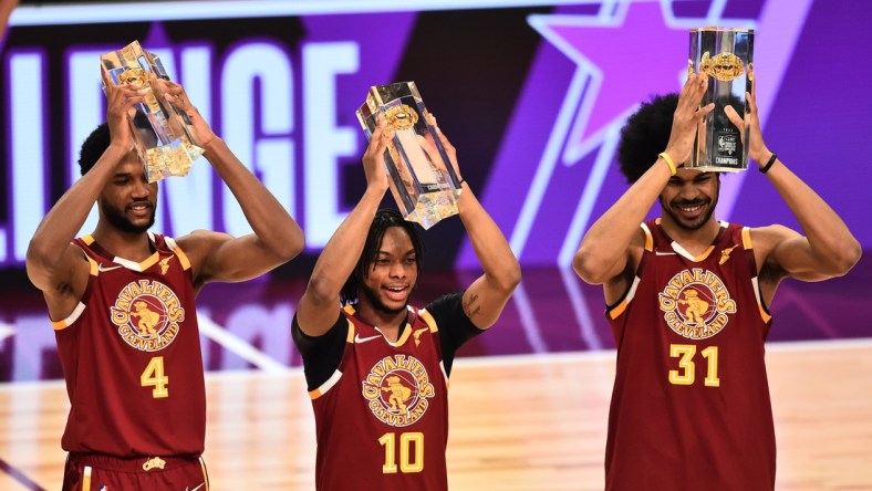 Feb 19, 2022; Cleveland, OH, USA; Team Cavs player Jarrett Allen (31) and player Evan Mobley (4) and player Darius Garland (10) celebrate after winning the Taco Bell Skills Challenge during the 2022 NBA All-Star Saturday Night at Rocket Mortgage Field House. Mandatory Credit: Ken Blaze-USA TODAY Sports