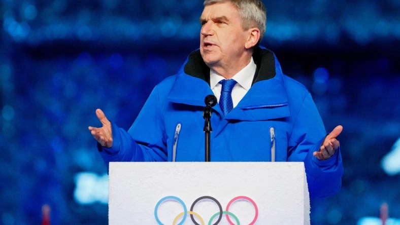 Feb 20, 2022; Beijing, CHINA; IOC president Thomas Bach speaks during the closing ceremony for the Beijing 2022 Olympic Winter Games at Beijing National Stadium. Mandatory Credit: Rob Schumacher-USA TODAY Sports