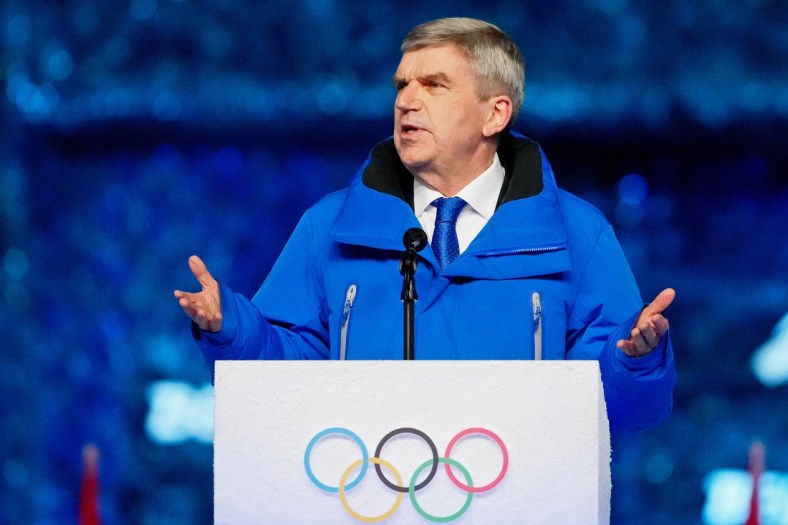 Feb 20, 2022; Beijing, CHINA; IOC president Thomas Bach speaks during the closing ceremony for the Beijing 2022 Olympic Winter Games at Beijing National Stadium. Mandatory Credit: Rob Schumacher-USA TODAY Sports