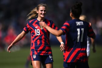 Feb 20, 2022; Carson, California, USA; United States defender Emily Fox (19) and forward Sophia Smith (11) celebrate after an own goal by New Zealand during the first half in a 2022 SheBelieves Cup international soccer match at Dignity Health Sports Park. Mandatory Credit: Orlando Ramirez-USA TODAY Sports