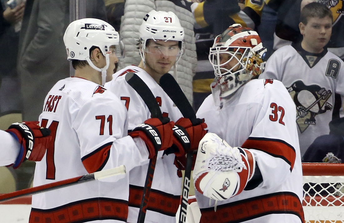 Feb 20, 2022; Pittsburgh, Pennsylvania, USA;  Carolina Hurricanes right wing Jesper Fast (71) and right wing Andrei Svechnikov (37) and goaltender Antti Raanta (32) celebrate after defeating the Pittsburgh Penguins at PPG Paints Arena. Carolina won 4-3. Mandatory Credit: Charles LeClaire-USA TODAY Sports