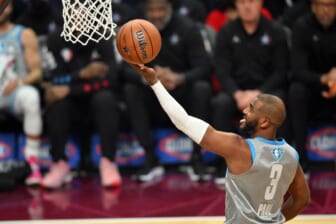 Feb 20, 2022; Cleveland, Ohio, USA; Team LeBron guard Chris Paul (3) shoots against Team Durant in the first quarter during the 2022 NBA All-Star Game at Rocket Mortgage FieldHouse. Mandatory Credit: David Richard-USA TODAY Sports