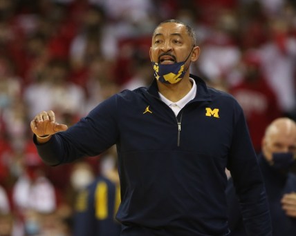 Feb 20, 2022; Madison, Wisconsin, USA; Michigan Wolverines head coach Juwan Howard  directs his team during the game with the Wisconsin Badgers at the Kohl Center. Mandatory Credit: Mary Langenfeld-USA TODAY Sports