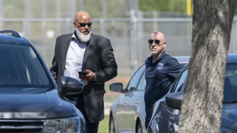 Feb 23, 2022; Jupiter, FL, USA;  Major League Baseball Players Association executive director Tony Clark, left, and chief negotiator Bruce Meyer, arrive for contract negotiations at Roger Dean Stadium in Jupiter, Florida on February 23, 2022.  Mandatory Credit: Greg Lovett-USA TODAY NETWORK