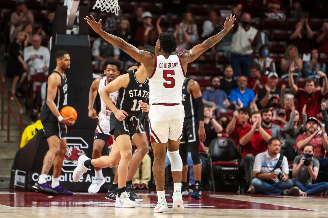 Feb 23, 2022; Columbia, South Carolina, USA; South Carolina Gamecocks guard Jermaine Couisnard (5) celebrates a play against the Mississippi State Bulldogs in the second half at Colonial Life Arena. Mandatory Credit: Jeff Blake-USA TODAY Sports