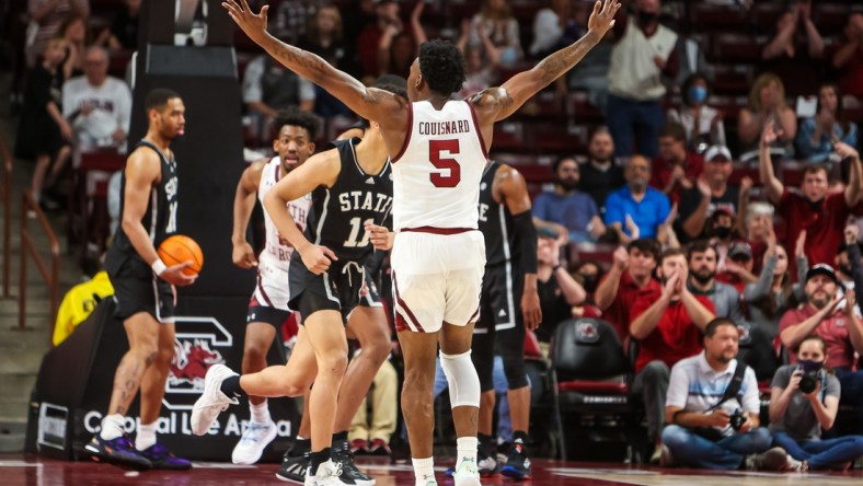 Feb 23, 2022; Columbia, South Carolina, USA; South Carolina Gamecocks guard Jermaine Couisnard (5) celebrates a play against the Mississippi State Bulldogs in the second half at Colonial Life Arena. Mandatory Credit: Jeff Blake-USA TODAY Sports