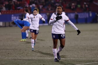 Feb 23, 2022; Frisco, Texas, USA; USA midfilder Catarina Macario (20) celebrates her goal scored against Iceland during the first half of the 2022 She Believes Cup international soccer match at Toyota Stadium. Mandatory Credit: Kevin Jairaj-USA TODAY Sports