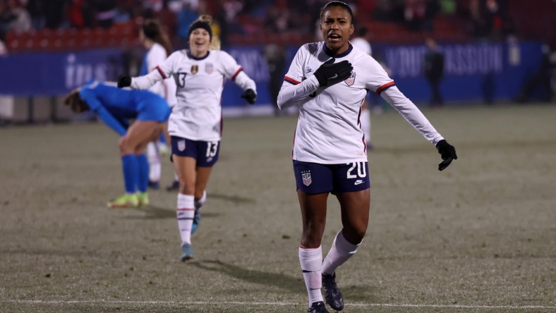 Feb 23, 2022; Frisco, Texas, USA; USA midfilder Catarina Macario (20) celebrates her goal scored against Iceland during the first half of the 2022 She Believes Cup international soccer match at Toyota Stadium. Mandatory Credit: Kevin Jairaj-USA TODAY Sports