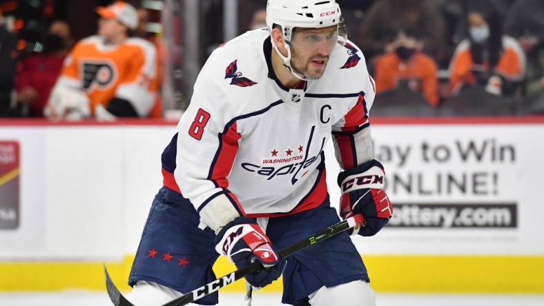 Feb 17, 2022; Philadelphia, Pennsylvania, USA; Washington Capitals left wing Alex Ovechkin (8) against the Philadelphia Flyers at the Wells Fargo Center. Mandatory Credit: Eric Hartline-USA TODAY Sports