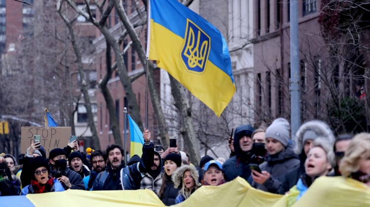 Several hundred protestors opposed to the Russian invasion gather near the Russian consulate in Manhattan Feb. 24, 2022. The protestors were enraged over Russia's invasion of Ukraine.Anti Russian Protest Nyc