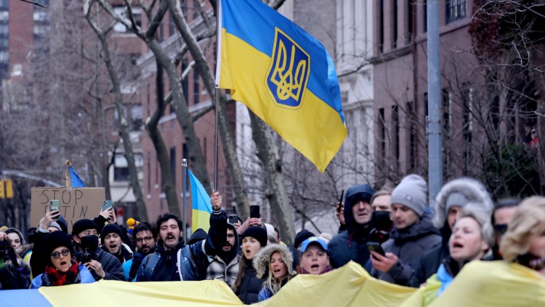 Several hundred protestors opposed to the Russian invasion gather near the Russian consulate in Manhattan Feb. 24, 2022. The protestors were enraged over Russia's invasion of Ukraine.

Anti Russian Protest Nyc