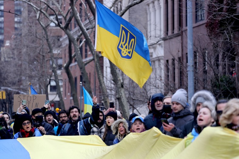 Several hundred protestors opposed to the Russian invasion gather near the Russian consulate in Manhattan Feb. 24, 2022. The protestors were enraged over Russia's invasion of Ukraine.

Anti Russian Protest Nyc