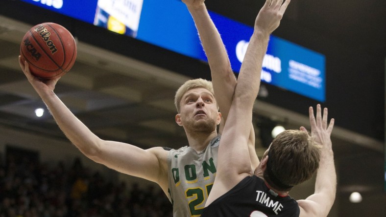 Feb 24, 2022; San Francisco, California, USA; San Francisco Dons forward Yauhen Massalski (25) goes up for a shot over Gonzaga Bulldogs forward Drew Timme (2) during the first half at War Memorial at the Sobrato Center. Mandatory Credit: D. Ross Cameron-USA TODAY Sports