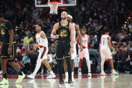 Feb 24, 2022; Portland, Oregon, USA;  Golden State Warriors guard Stephen Curry (30) reacts after a play in the first half Portland Trail Blazers at Moda Center. Mandatory Credit: Jaime Valdez-USA TODAY Sports