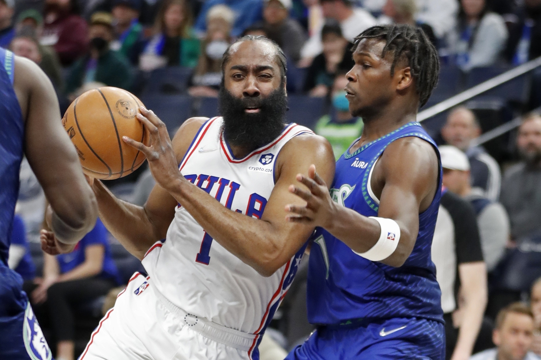 Feb 25, 2022; Minneapolis, Minnesota, USA; Philadelphia 76ers guard James Harden (1) dribbles around Minnesota Timberwolves forward Anthony Edwards (1) in the first quarter at Target Center. Mandatory Credit: Bruce Kluckhohn-USA TODAY Sports