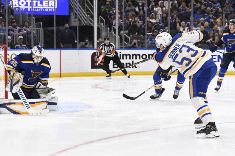 Feb 25, 2022; St. Louis, Missouri, USA; St. Louis Blues goaltender Ville Husso (35) makes a save on Buffalo Sabres left wing Jeff Skinner (53) during the third period at Enterprise Center. Mandatory Credit: Jeff Le-USA TODAY Sports