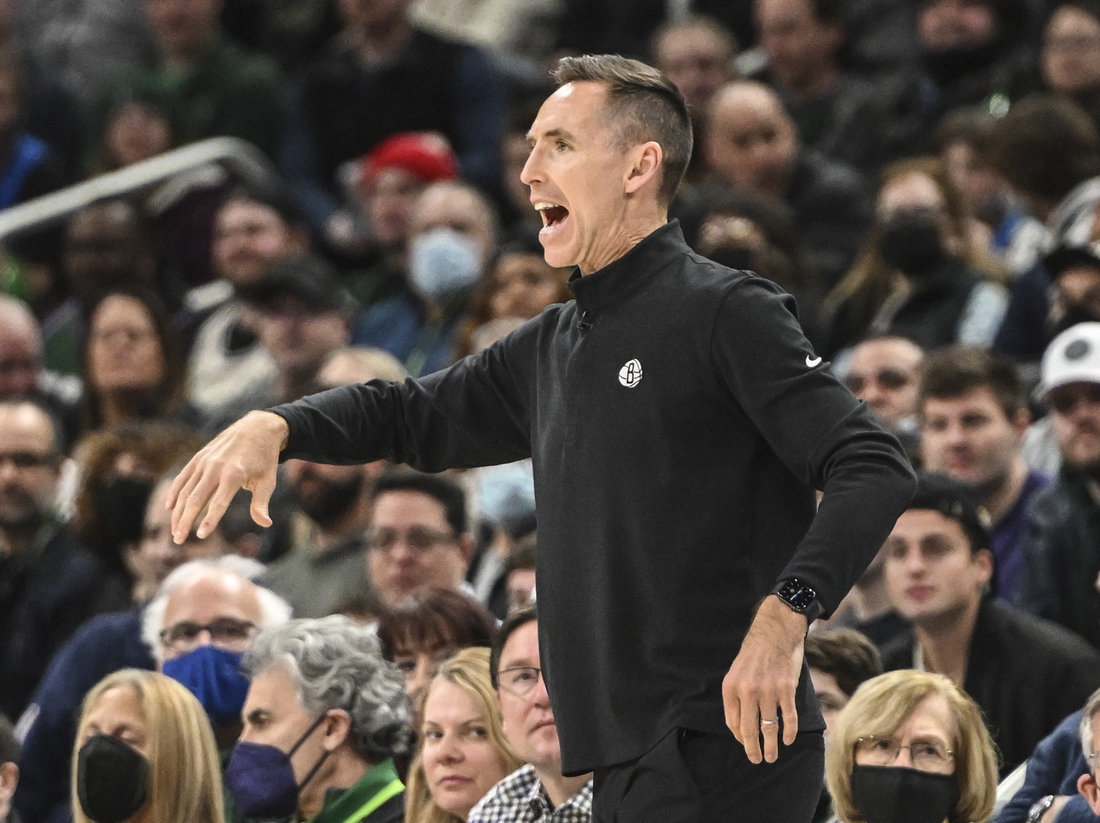 Feb 26, 2022; Milwaukee, Wisconsin, USA; Brooklyn Nets head coach Steve Nash calls a play in the third quarter against the Milwaukee Bucks at Fiserv Forum. Mandatory Credit: Benny Sieu-USA TODAY Sports