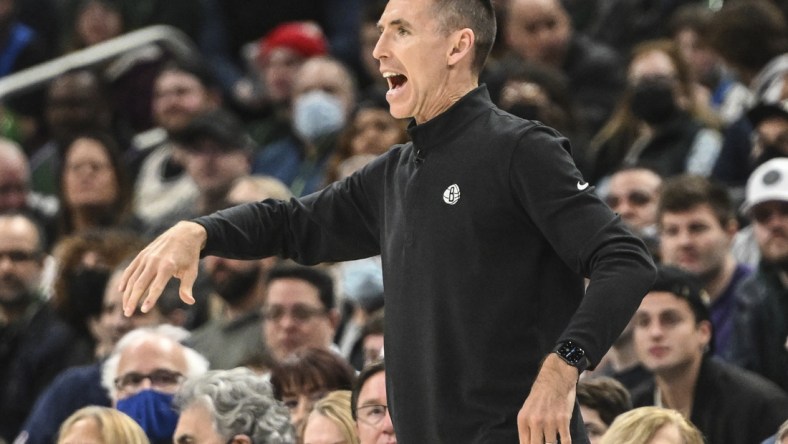 Feb 26, 2022; Milwaukee, Wisconsin, USA; Brooklyn Nets head coach Steve Nash calls a play in the third quarter against the Milwaukee Bucks at Fiserv Forum. Mandatory Credit: Benny Sieu-USA TODAY Sports