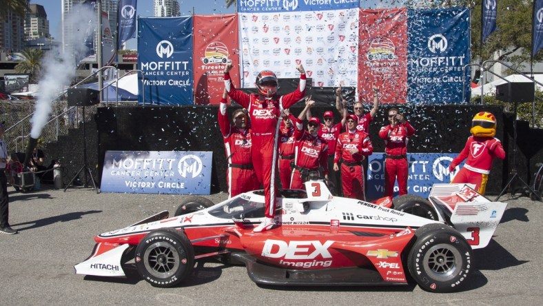 Feb 27, 2022; St. Petersburg, Florida, USA; Team Penske driver Scott McLaughlin (3) of New Zealand celebrates a victory after winning the IndyCar Firestone Grand Prix of St. Petersburg at Streets of St. Petersburg. Mandatory Credit: Reinhold Matay-USA TODAY Sports